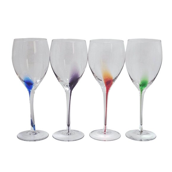 4) Pier 1 Teardrop Filament Wine Glasses Set goblets 8.5" jewel tone art glass - Picture 1 of 7
